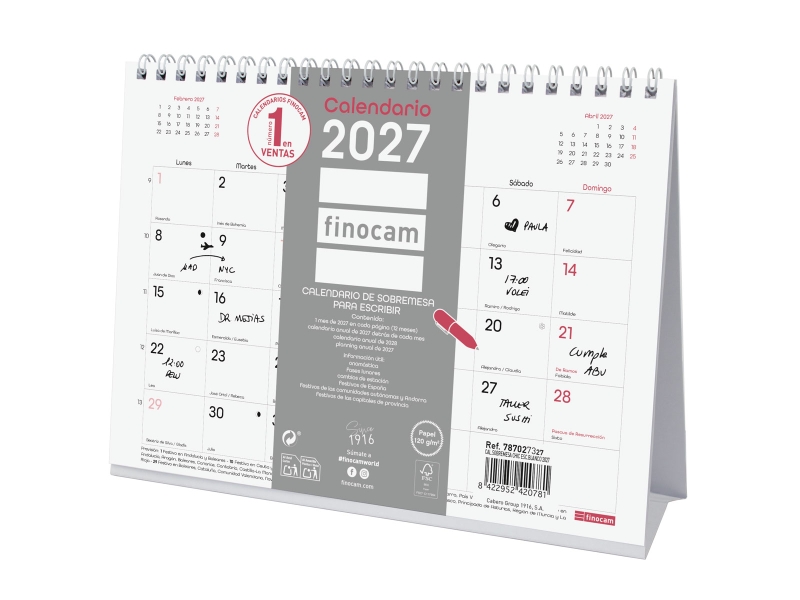 Finocam Trendy Chic Calendario de Sobremesa - Anual 2027 - Mes Vista - Formato S - 210x150mm - Espiral Doble - Papel de 120g/m2 - Espacio para Escribir - Color Blanco