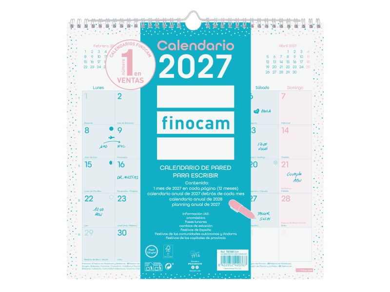 Finocam Chic Calendario de Pared - Anual 2027 - Mes Vista - 300x300mm - Espiral Doble - Papel de 120g/m2 - Espacio para Escribir - Color Turquesa