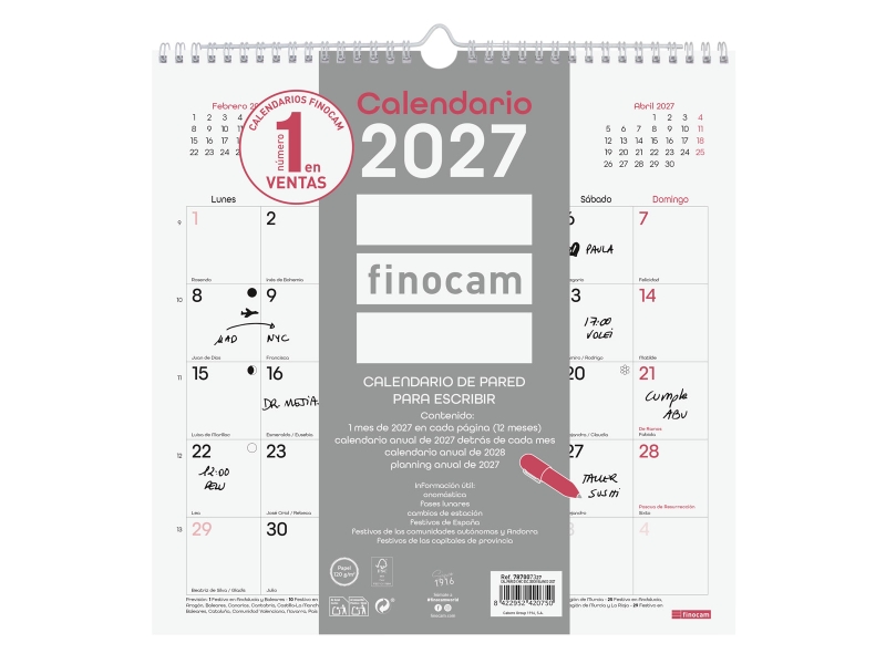 Finocam Chic Calendario de Pared - Anual 2027 - Mes Vista - 300x300mm - Espiral Doble - Papel de 120g/m2 - Espacio para Escribir - Color Blanco