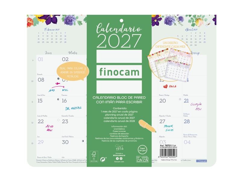 Finocam Design Calendario de Pared con Iman - Anual 2027 - Mes Vista - 250x200mm - Encolado - Papel de 120g/m2 - Espacio para Anotaciones - Multicolor
