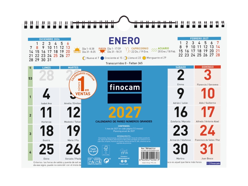 Finocam Color Calendario de Pared - Anual 2027 - Mes Vista - Formato M - 300x210mm - Espiral Doble - Papel de 120g/m2 - Numeros Grandes - Color Azul y Blanco