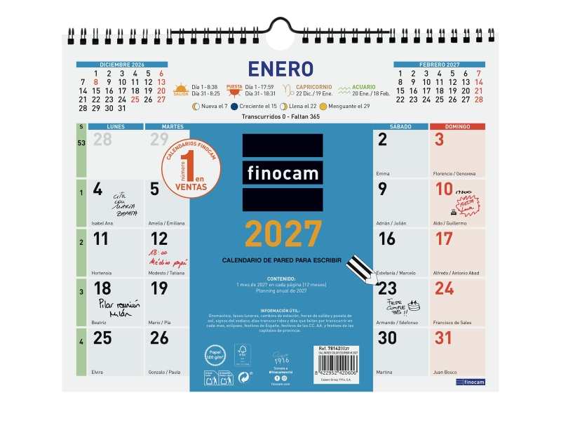 Finocam Color Calendario de Pared - Anual 2027 - Mes Vista - 300x247mm - Espiral Doble - Papel de 120g/m2 - Espacio para Escribir - Color Azul y Blanco