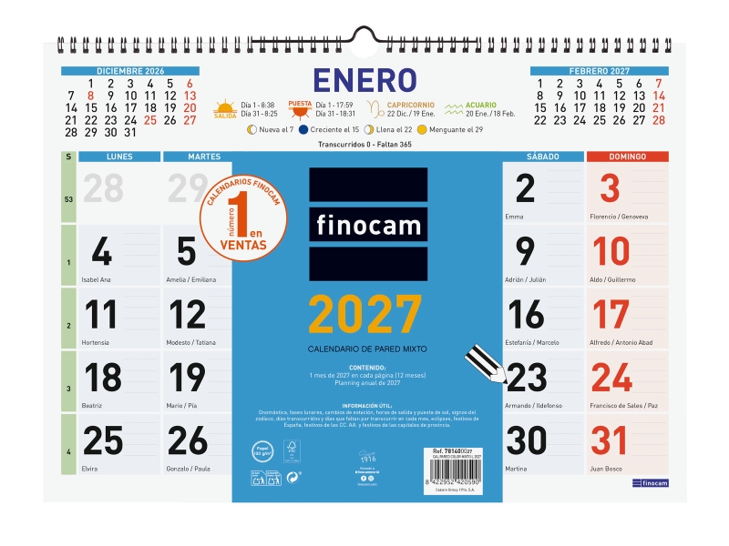 Finocam Color Calendario de Pared - Anual 2027 - Mes Vista - Formato L - 430x310mm - Espiral Doble - Papel de 120g/m2 - Color Azul y Blanco