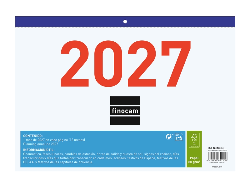 Finocam Calendario Faldilla - Anual 2027 - Mes Vista - Formato F93 - 300x210mm - Papel de 80g/m2 Microperforado - Numeros Grandes - Color Azul y Blanco