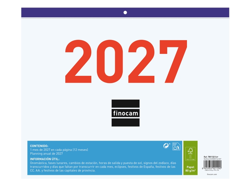 Finocam Calendario Faldilla - Anual 2027 - Mes Vista - Formato F43 - 300x247mm - Papel de 80g/m2 Microperforado - Espacio para Escribir - Color Azul y Blanco