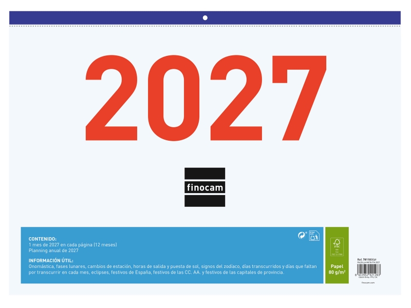 Finocam Calendario Faldilla - Anual 2027 - Mes Vista - Formato F94 - 430x310mm - Papel de 80g/m2 Microperforado - Numeros Grandes - Espacio para Notas - Color Azul y Blanco