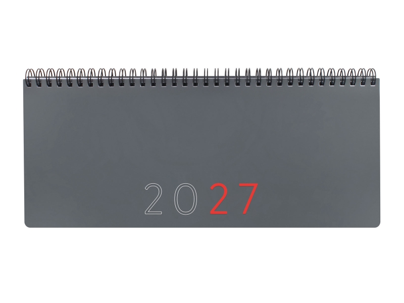 Finocam Planificador de Sobremesa Internacional - Anual 2027 - Semana Vista Vertical - 290x116mm - Espiral Doble - Tapa de Polipropileno - Esquinas Microperforadas - Papel de 80g/m2 - Color Gris