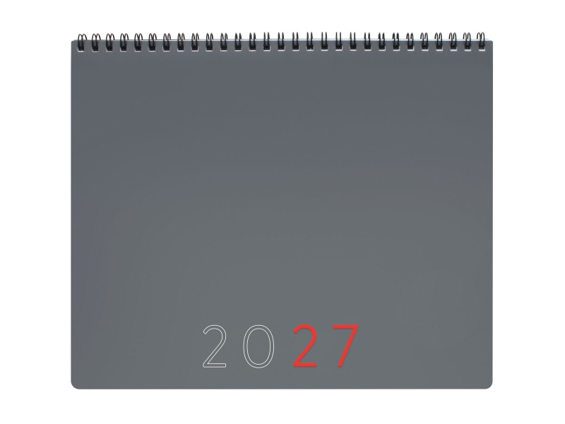 Finocam Planificador de Sobremesa Internacional - Anual 2027 - Mes Vista - 250x200mm - Espiral Doble - Tapa de Polipropileno - Esquinas Microperforadas - Papel de 190g/m2 - Color Gris
