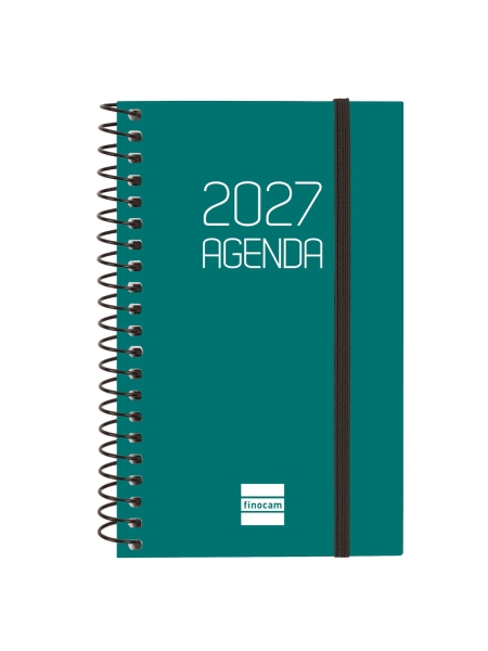 Finocam Espiral Basics Opaque Agenda - Anual 2027 - Semana Vista Horizontal - Formato E3 - 79x127mm - Espiral - Tapa de Polipropileno - Esquinas Microperforadas - Papel de 80g/m2 - Color Verde