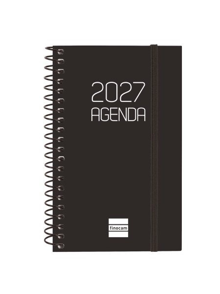 Finocam Espiral Basics Opaque Agenda - Anual 2027 - Semana Vista Horizontal - Formato E3 - 79x127mm - Espiral - Tapa de Polipropileno - Esquinas Microperforadas - Papel de 80g/m2 - Color Negro