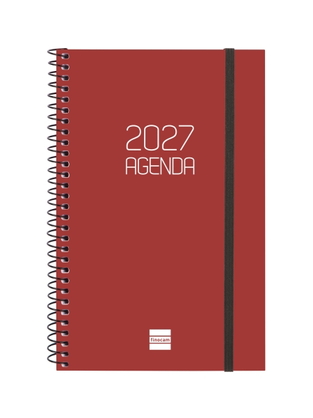 Finocam Espiral Basics Opaque Agenda - Anual 2027 - Semana Vista Horizontal - Formato E5 - 117x181mm - Espiral - Tapa de Polipropileno - Esquinas Microperforadas - Papel de 80g/m2 - Color Burdeos
