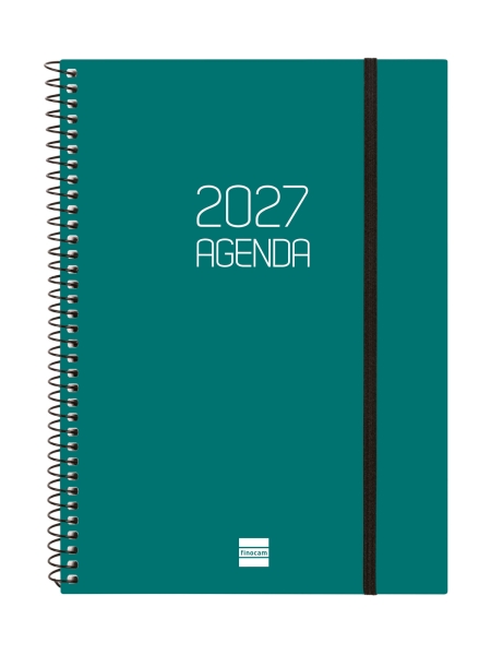 Finocam Espiral Basics Opaque Agenda - Anual 2027 - Semana Vista Horizontal - Formato E10 - 155x212mm - Espiral - Tapa de Polipropileno - Esquinas Microperforadas - Papel de 80g/m2 - Color Verde