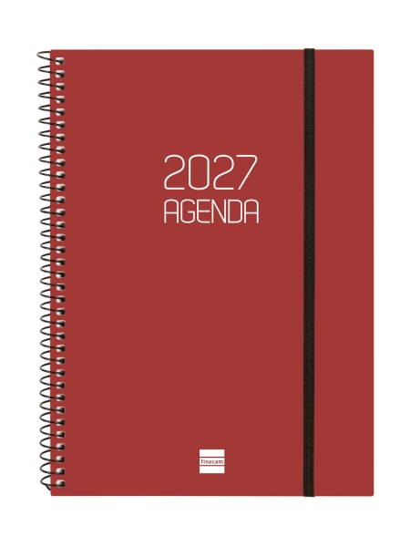 Finocam Espiral Basics Opaque Agenda - Anual 2027 - Semana Vista Horizontal - Formato E10 - 155x212mm - Espiral - Tapa de Polipropileno - Esquinas Microperforadas - Papel de 80g/m2 - Color Burdeos