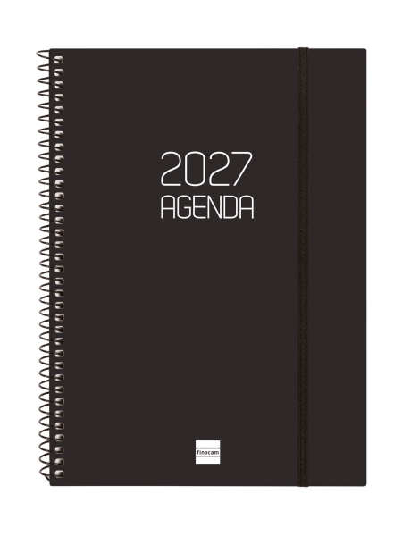 Finocam Espiral Basics Opaque Agenda - Anual 2027 - Semana Vista Vertical - Formato E10 - 155x212mm - Espiral - Tapa de Polipropileno - Esquinas Microperforadas - Papel de 80g/m2 - Color Negro