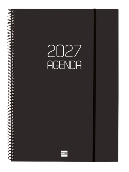 Finocam Espiral Basics Opaque Agenda - Anual 2027 - Semana Vista Horizontal - Formato E40 - 210x297mm - Espiral - Tapa de Polipropileno - Esquinas Microperforadas - Papel de 80g/m2 - Color Negro