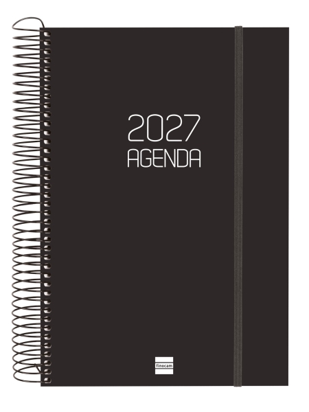 Finocam Espiral Basics Opaque Agenda - Anual 2027 - 1 Dia por Pagina - Formato E11 - 165x242mm - Espiral - Tapa de Polipropileno - Esquinas Microperforadas - Papel de 70g/m2 - Color Negro