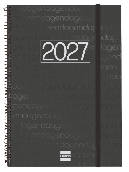 Finocam Espiral Basics Year Agenda - Anual 2027 - Semana Vista Vertical - Formato E40 - 210x297mm - Espiral - Tapa de Polipropileno - Esquinas Microperforadas - Papel de 80g/m2 - Color Negro