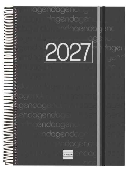 Finocam Espiral Basics Year Agenda en Catalan - Anual 2027 - 1 Dia por Pagina - Formato E40 - 210x297mm - Goma Elastica - Tapa de Polipropileno - Esquinas Microperforadas - Papel de 70g/m2 - Color Negro