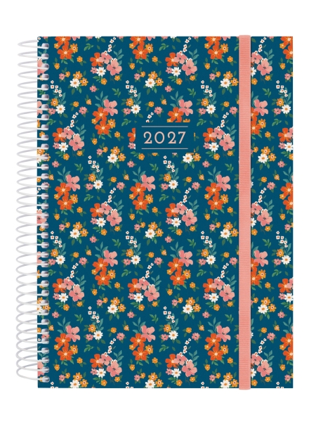 Finocam Trendy Design Collection Flora Agenda - Anual 2027 - 1 Dia por Pagina - Formato E10 - 155x212mm - Espiral - Tapa de Polipropileno - Esquinas Microperforadas - Papel de 70g/m2 - Multicolor