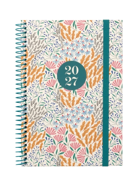 Finocam Moda Espiga Agenda Internacional - Anual 2027 - Semana Vista Vertical - 140x204mm - Goma Elastica - Tapa Dura de Carton Forrado - Esquinas Microperforadas - Papel de 80g/m2 - Multicolor