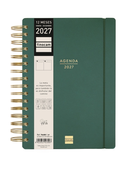 Finocam Haiku Agenda - Anual 2027 - 1 Dia por Pagina - Formato E10 - 155x212mm - Espiral Doble - Tapa Dura de Tacto Suave - Goma Elastica - Papel de 95g/m2 - Color Verde