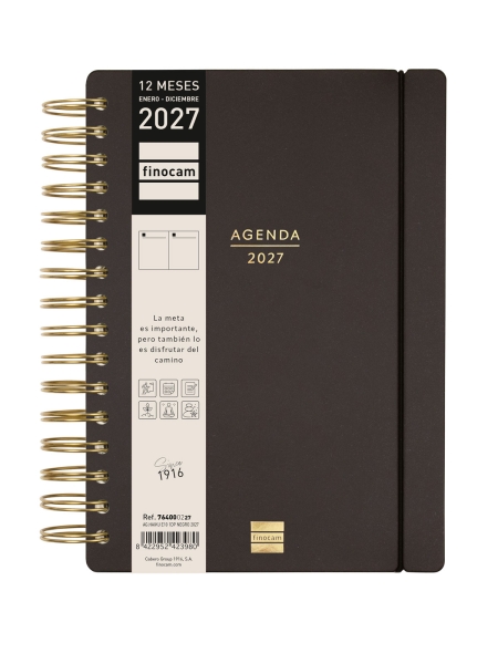 Finocam Haiku Agenda - Anual 2027 - 1 Dia por Pagina - Formato E10 - 155x212mm - Espiral Doble - Tapa Dura de Tacto Suave - Goma Elastica - Papel de 95g/m2 - Color Negro