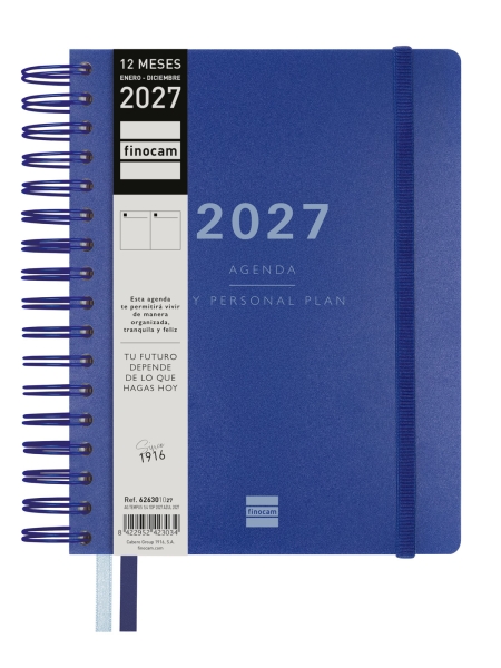 Finocam Tempus Agenda - Anual 2027 - 1 Dia por Pagina - 155x217mm - Espiral Doble - Tapa Extradura de Polipropileno - 2 Cintas Marcapaginas - Papel Crema de 80g/m2 - Color Azul