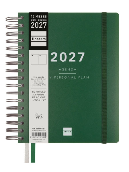 Finocam Tempus Agenda - Anual 2027 - 1 Dia por Pagina - 155x217mm - Espiral Doble - Tapa Extradura de Polipropileno - 2 Cintas Marcapaginas - Papel Crema de 80g/m2 - Color Verde
