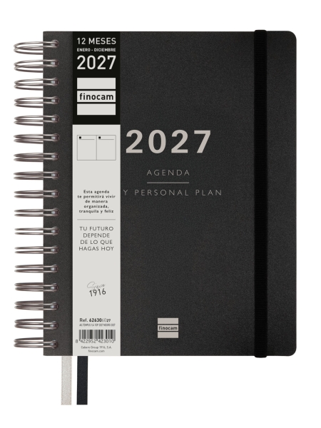 Finocam Tempus Agenda - Anual 2027 - 1 Dia por Pagina - 155x217mm - Espiral Doble - Tapa Extradura de Polipropileno - 2 Cintas Marcapaginas - Papel Crema de 80g/m2 - Color Negro