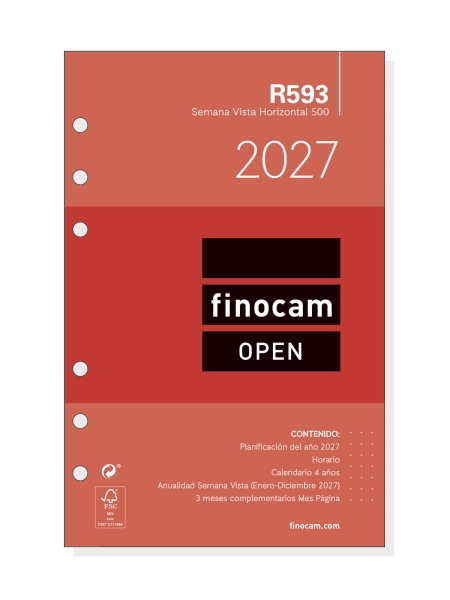 Finocam R593 Recambio para Agenda Open - Anual 2027 - Semana Vista Horizontal - Formato 500 - 117x181mm - 6 Taladros - Papel de 80g/m2 - Color Blanco