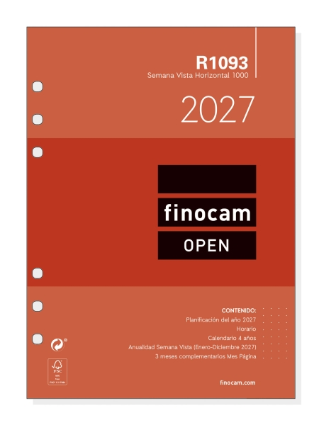 Finocam R1093 Recambio para Agenda Open - Anual 2027 - Semana Vista Horizontal - Formato 1000 - 155x215mm - 6 Taladros - Papel de 80g/m2 - Color Blanco