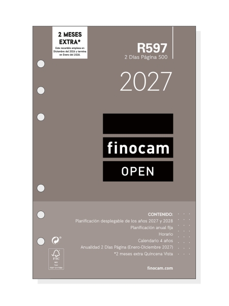 Finocam R597 Recambio para Agenda Open - Anual 2027 - 2 Dias por Pagina - Formato 500 - 117x181mm - 6 Taladros - Papel de 80g/m2 - Color Blanco