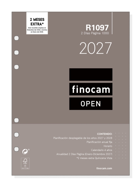 Finocam R1097 Recambio para Agenda Open - Anual 2027 - 2 Dias por Pagina - Formato 1000 - 155x215mm - 6 Taladros - Papel de 80g/m2 - Color Blanco