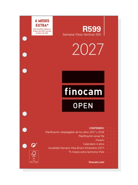 Finocam R599 Recambio para Agenda Open - Anual 2027 - Semana Vista Vertical - Formato 500 - 117x181mm - 6 Taladros - Papel de 80g/m2 - Color Blanco