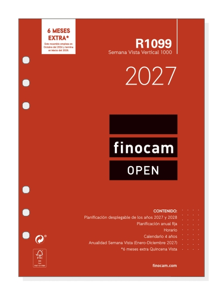 Finocam R1099 Recambio para Agenda Open - Anual 2027 - Semana Vista Vertical - Formato 1000 - 155x215mm - 6 Taladros - Papel de 80g/m2 - Color Blanco