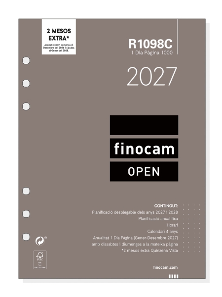 Finocam R1098C Recambio para Agenda Open en Catalan - Anual 2027 - 1 Dia por Pagina - Formato 1000 - 155x215mm - 6 Taladros - Papel de 70g/m2 - Color Blanco
