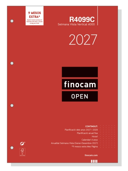 Finocam R4099C Recambio para Agenda Open en Catalan - Anual 2027 - Semana Vista Vertical - Formato A4 - 210x297mm - Papel de 80g/m2 - Color Blanco