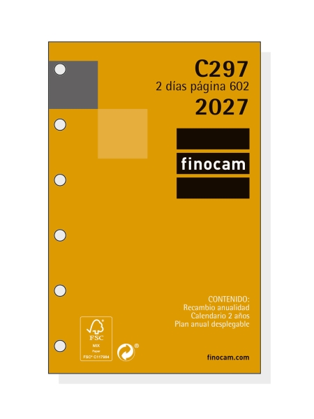Finocam C297 Recambio para Agenda Classic - Anual 2027 - 2 Dias por Pagina - Formato 602 - 73x114mm - 6 Taladros - Papel de 70g/m2 - Esquinas Microperforadas - Color Blanco