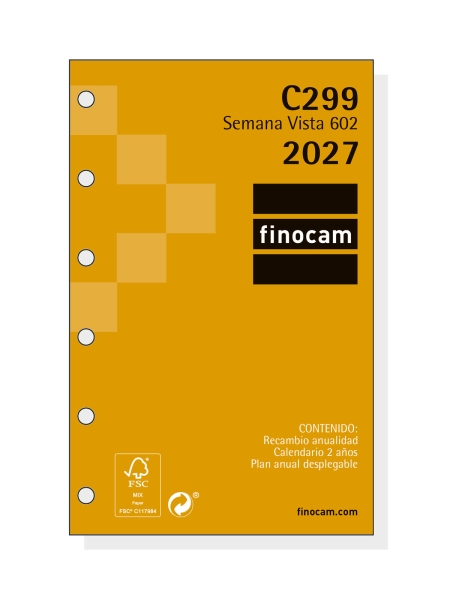 Finocam C299 Recambio para Agenda Classic - Anual 2027 - Semana Vista Horizontal - Formato 602 - 73x114mm - 6 Taladros - Papel de 80g/m2 - Esquinas Microperforadas - Color Blanco