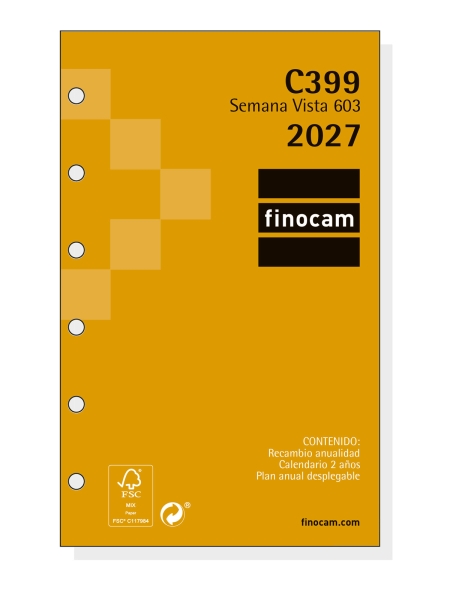 Finocam C399 Recambio para Agenda Classic - Anual 2027 - Semana Vista Horizontal - Formato 603 - 79x127mm - 6 Taladros - Papel de 80g/m2 - Esquinas Microperforadas - Color Blanco