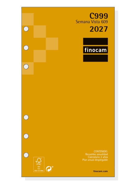 Finocam C999 Recambio para Agenda Classic - Anual 2027 - Semana Vista Horizontal - Formato 609 - 94x171mm - 6 Taladros - Papel de 80g/m2 - Esquinas Microperforadas - Color Blanco