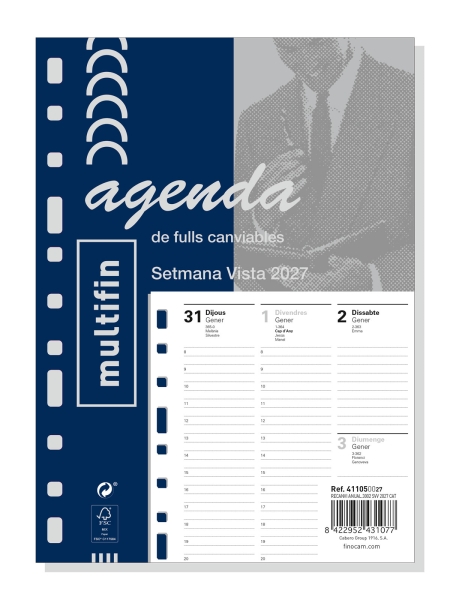 Finocam Recambio Anual para Agenda Multifin en Catalan - Anual 2027 - Semana Vista Vertical - Formato 3002 - 155x215mm - 11 Taladros - Papel de 80g/m2 - Esquinas Microperforadas - Color Blanco
