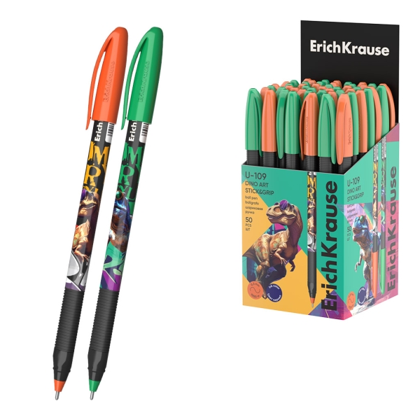 ErichKrause U-109 Stick and Grip Dino Art Boligrafo con Capuchon - Modelos Surtidos - Trazo 0.3mm - Zona de Agarre de Goma - Tinta de Baja Viscosidad - Tapa Ventilada - Color Azul