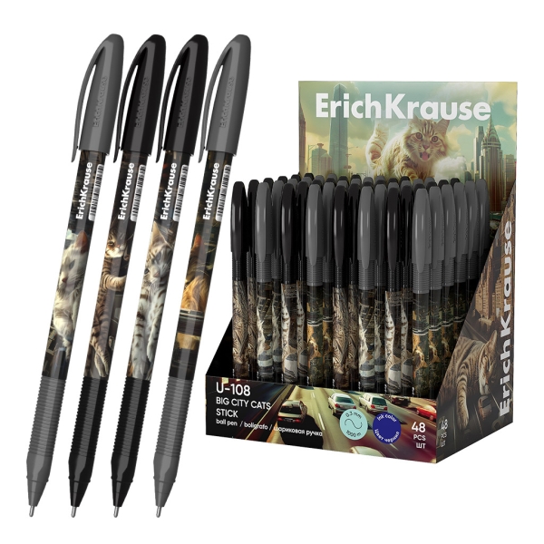 ErichKrause U-108 Stick Big City Cats Expositor con 48 Boligrafos con Capuchon - Modelos Surtidos - Trazo 0.3mm - Tinta de Baja Viscosidad - Tapa Ventilada - Color Azul