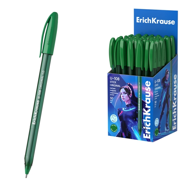 ErichKrause U-108 Stick Original Boligrafo con Capuchon - Punta de 1.0mm - Trazo 0.3mm - Tinta de Baja Viscosidad - Tapa Ventilada - Color Verde