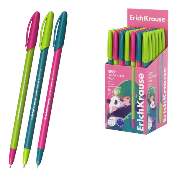 ErichKrause Neo Stick Panda Hugs Boligrafo con Capuchon - Modelos Surtidos - Trazo 0.26mm - Tinta de Baja Viscosidad - Tapa Ventilada - Color Azul