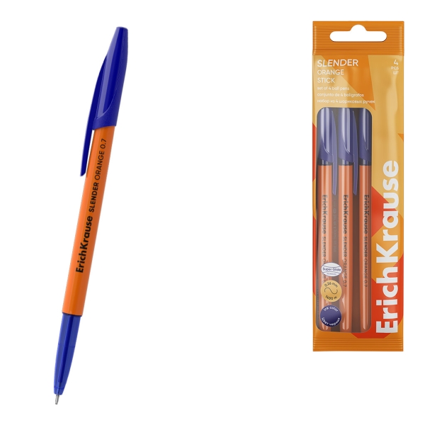 ErichKrause Slender Stick Orange Pack de 4 Boligrafos con Capuchon - Punta de Aguja 0.7mm - Cuerpo Opaco Naranja - Trazo 0.26mm - Tinta de Baja Viscosidad - Tapa Ventilada - Color Azul