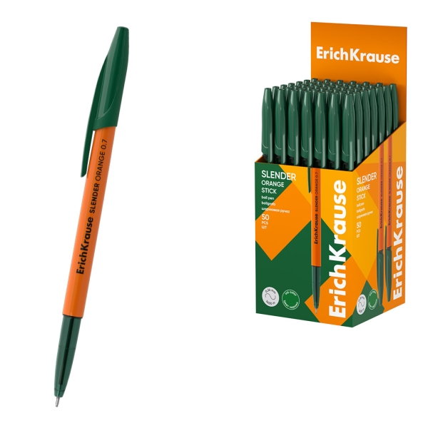 ErichKrause Slender Stick Orange Boligrafo con Capuchon - Punta de Aguja 0.7mm - Cuerpo Opaco Naranja - Trazo 0.26mm - Tinta de Baja Viscosidad - Tapa Ventilada - Color Verde