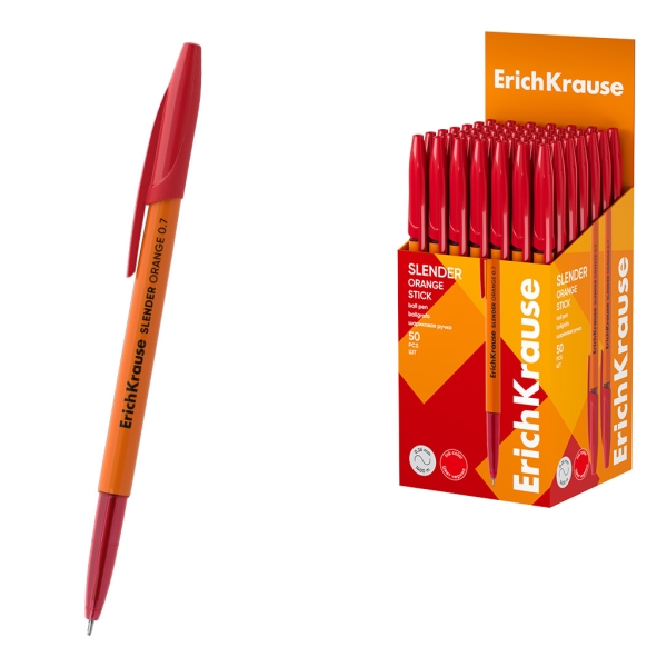 ErichKrause Slender Stick Orange Boligrafo con Capuchon - Punta de Aguja 0.7mm - Cuerpo Opaco Naranja - Trazo 0.26mm - Tinta de Baja Viscosidad - Tapa Ventilada - Color Rojo