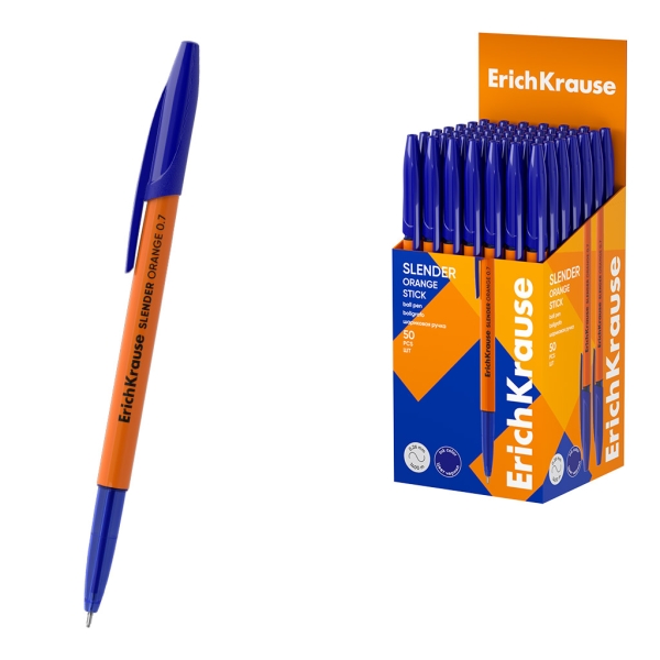 ErichKrause Slender Stick Orange Boligrafo con Capuchon - Punta de Aguja 0.7mm - Cuerpo Opaco Naranja - Trazo 0.26mm - Tinta de Baja Viscosidad - Tapa Ventilada - Color Azul